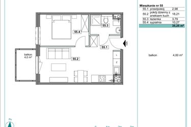 Rzut - Mieszkanie na sprzedaż 2 pokoje o powierzchni 35,35 m² - numer D.55 w Osiedle Kościuszki etap II