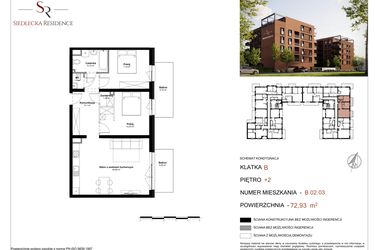 Rzut - Mieszkanie na sprzedaż 3 pokoje o powierzchni 72,93 m² - numer B-02-03 w Siedlecka Residence