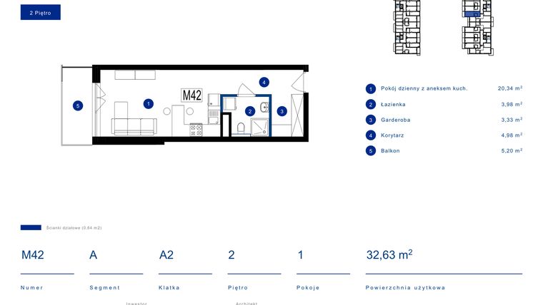 Rzut - Mieszkanie na sprzedaż 1 pokój o powierzchni 32,63 m² - numer 42A w Przy Bursztynowej