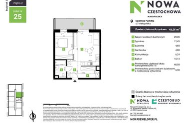 Rzut - Mieszkanie na sprzedaż 2 pokoje o powierzchni 49,56 m² - numer D25 w Nowa Częstochowa Małopolska etap II