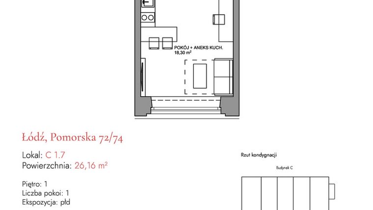 Rzut - Mieszkanie na sprzedaż 1 pokój o powierzchni 26,1 m² - numer C 1.7 w Melody Loft