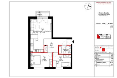 Rzut - Mieszkanie na sprzedaż 3 pokoje o powierzchni 60,78 m² - numer 5 w Czynu Społecznego 65E