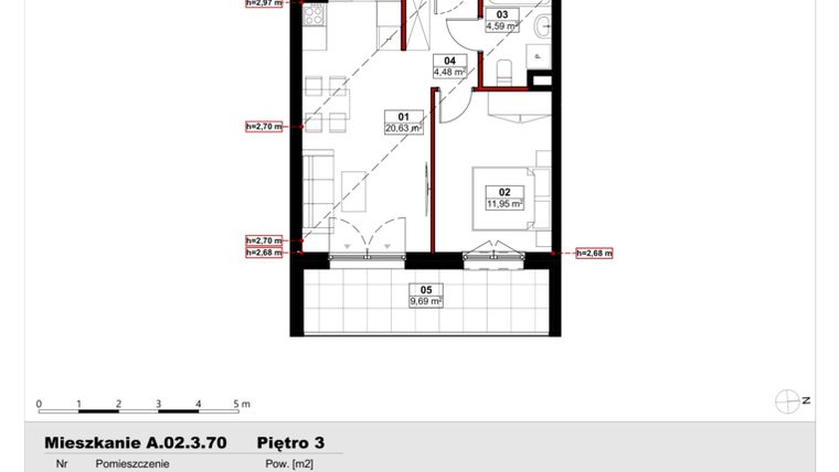 Rzut - Mieszkanie na sprzedaż 2 pokoje o powierzchni 41,65 m² - numer A02.3.70 w Skwer Witosa