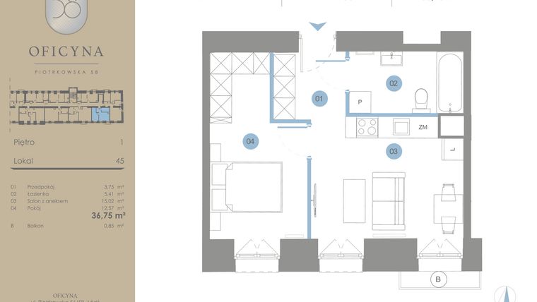 Rzut - Mieszkanie na sprzedaż 2 pokoje o powierzchni 36,75 m² - numer 45 w Oficyna