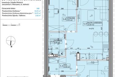 Rzut - Mieszkanie na sprzedaż 3 pokoje o powierzchni 54,95 m² - numer 58B w Osiedle Młodych etap IX