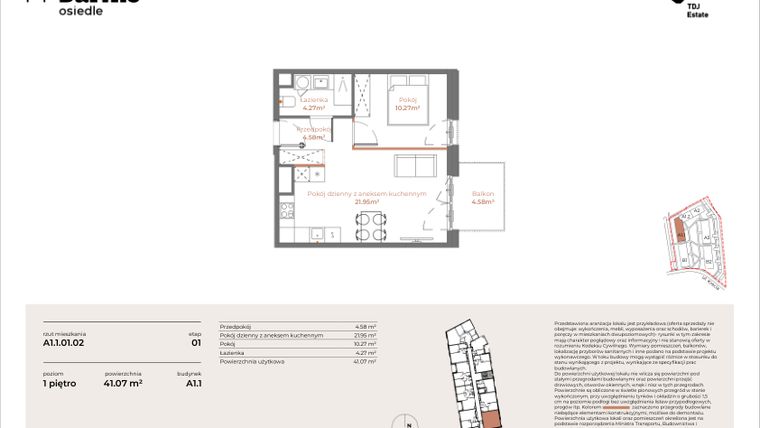 Rzut - Mieszkanie na sprzedaż 2 pokoje o powierzchni 41,07 m² - numer A1.1-01.02 w Sarnie Osiedle