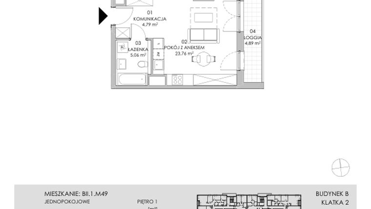 Rzut - Mieszkanie na sprzedaż 1 pokój o powierzchni 33,61 m² - numer BII.1.M49 w Przewóz 42 ATAL II