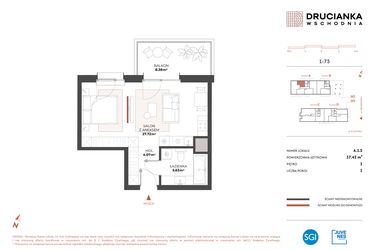 Rzut - Mieszkanie na sprzedaż 1 pokój o powierzchni 37,42 m² - numer A.1.5 w Drucianka Wschodnia