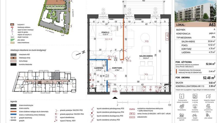 Rzut - Mieszkanie na sprzedaż 2 pokoje o powierzchni 52,04 m² - numer A63 w ulica Staszica bud. A