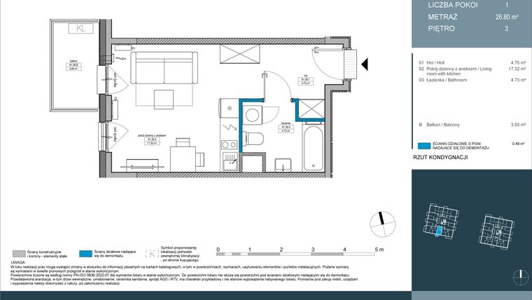 Rzut - Mieszkanie na sprzedaż 1 pokój o powierzchni 26,8 m² - numer 29 w Nordic Górka Narodowa