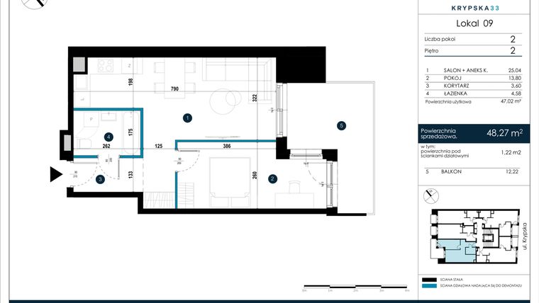 Rzut - Mieszkanie na sprzedaż 2 pokoje o powierzchni 48,27 m² - numer M09 w Krypska 33