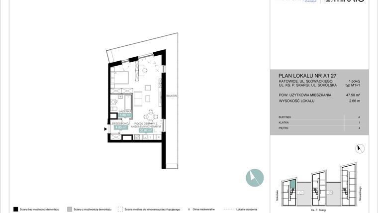 Rzut - Mieszkanie na sprzedaż 1 pokój o powierzchni 47,54 m² - numer A1 27 w Mikato