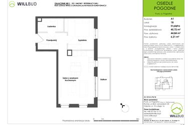 Rzut - Mieszkanie na sprzedaż 2 pokoje o powierzchni 44,84 m² - numer OP/A1/P3/18 w Osiedle Pogodne etap I