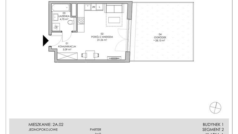 Rzut - Mieszkanie na sprzedaż 1 pokój o powierzchni 31,35 m² - numer 2A.02 w Skwer Harmonia II