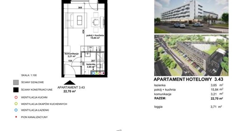 Rzut - Mieszkanie na sprzedaż 1 pokój o powierzchni 22,64 m² - numer 3.43 w Apartamentowiec Zwycięska 3 - inwestycyjne