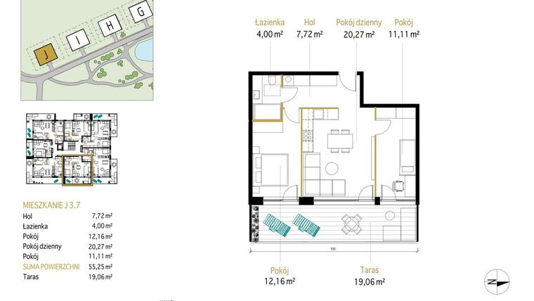 Rzut - Mieszkanie na sprzedaż 3 pokoje o powierzchni 55,25 m² - numer 3.7/J w Panorama Park