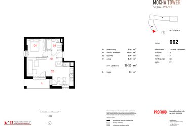 Rzut - Mieszkanie na sprzedaż 2 pokoje o powierzchni 39,2 m² - numer 002 w Osiedle Mocha Tower