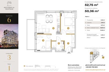 Rzut - Mieszkanie na sprzedaż 3 pokoje o powierzchni 52,75 m² - numer 6 w Rezydencja Centrum