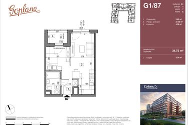 Rzut - Mieszkanie na sprzedaż 1 pokój o powierzchni 34,72 m² - numer G1/87 w Goplana budynek G
