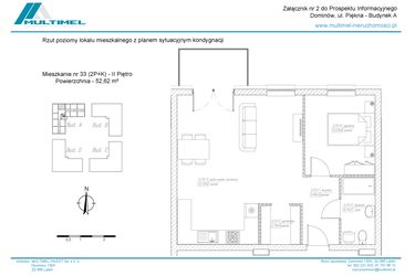 Rzut - Mieszkanie na sprzedaż 2 pokoje o powierzchni 52,62 m² - numer 33A w Dominów Rynek
