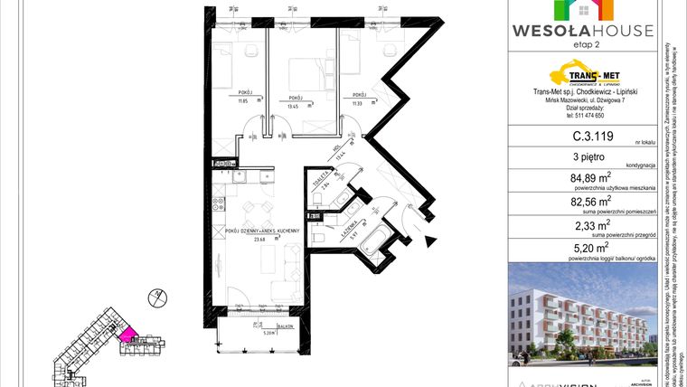 Rzut - Mieszkanie na sprzedaż 4 pokoje o powierzchni 82,44 m² - numer C.3.119 w Wesoła House Etap II