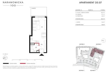 Rzut - Mieszkanie na sprzedaż 1 pokój o powierzchni 35,47 m² - numer D 0.07 w Naramowicka 100