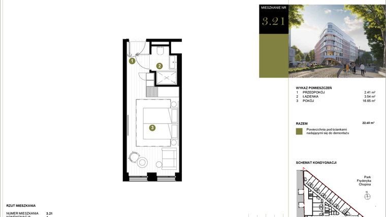 Rzut - Mieszkanie na sprzedaż 1 pokój o powierzchni 22,6 m² - numer 321 w Y3 Signature Hotel