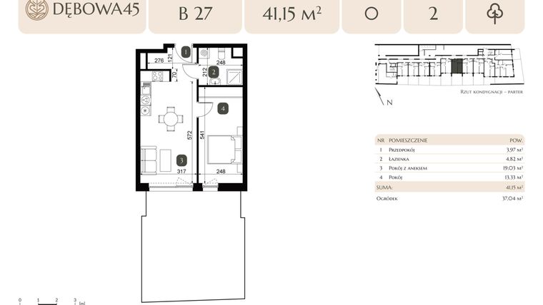 Rzut - Mieszkanie na sprzedaż 2 pokoje o powierzchni 41,15 m² - numer B.27 w Dębowa 45