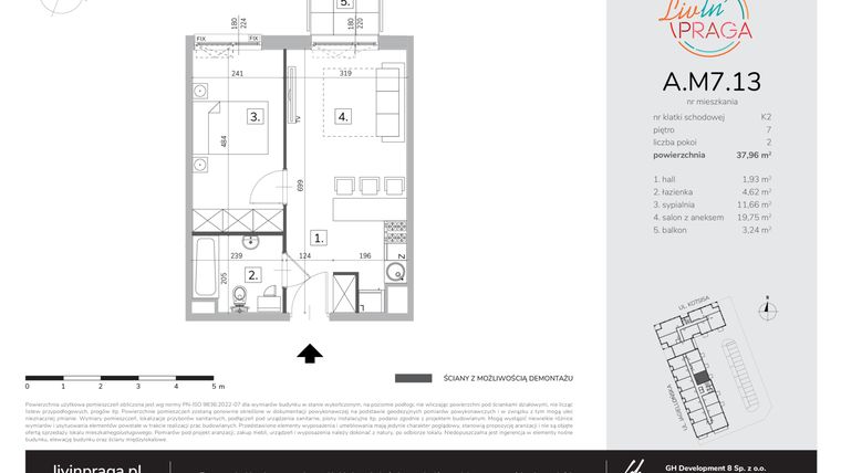 Rzut - Mieszkanie na sprzedaż 2 pokoje o powierzchni 37,96 m² - numer A.M7.13 w Livin' Praga