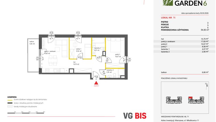 Rzut - Mieszkanie na sprzedaż 3 pokoje o powierzchni 55,49 m² - numer 76 w Nova Viva Garden 6