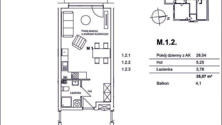 Rzut - Mieszkanie na sprzedaż 1 pokój o powierzchni 35,07 m² - numer M.1.2 w Konopnickiej 12
