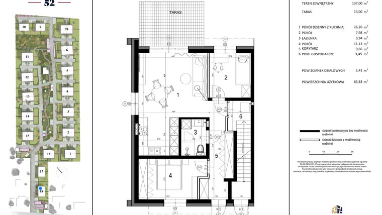 Rzut - Dom na sprzedaż 3 pokoje o powierzchni 63,83 m² - numer 18C w Rataja 52 - etap III