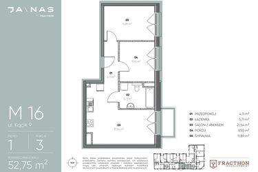 Rzut - Mieszkanie na sprzedaż 3 pokoje o powierzchni 52,75 m² - numer M.16 w Ja\nas