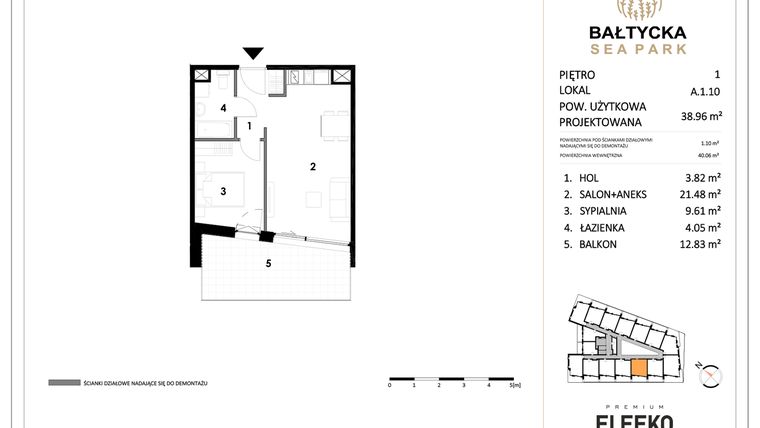 Rzut - Mieszkanie na sprzedaż 2 pokoje o powierzchni 38,96 m² - numer A.1.10 w Bałtycka Sea Park