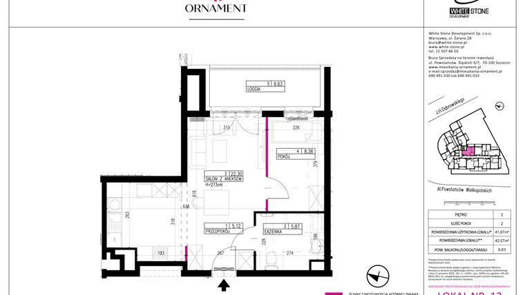Rzut - Mieszkanie na sprzedaż 2 pokoje o powierzchni 41,67 m² - numer 12 w Ornament