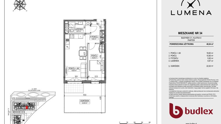 Rzut - Mieszkanie na sprzedaż 2 pokoje o powierzchni 40,04 m² - numer C1.34 w Lumena