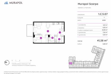 Rzut - Mieszkanie na sprzedaż 1 pokój o powierzchni 41,58 m² - numer 1.C.5.07 w Murapol Scarpa