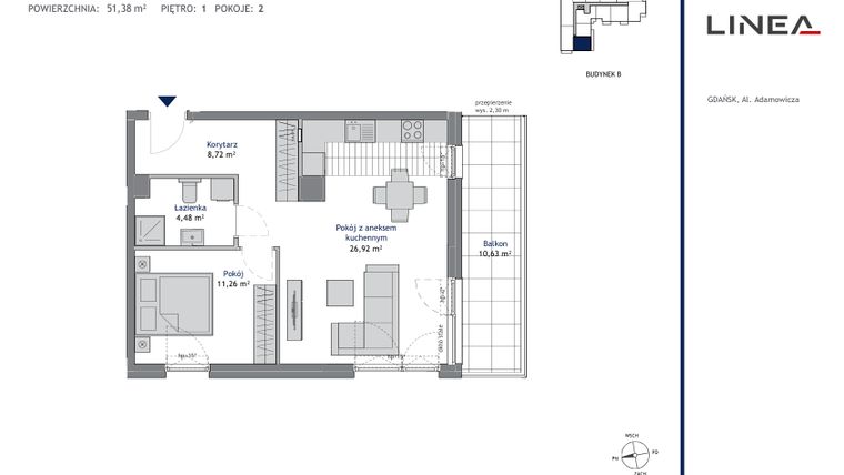 Rzut - Mieszkanie na sprzedaż 2 pokoje o powierzchni 51,38 m² - numer B.1.12 w Linea