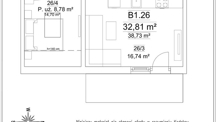 Rzut - Mieszkanie na sprzedaż 2 pokoje o powierzchni 32,81 m² - numer B1.26 w Osiedle Versus