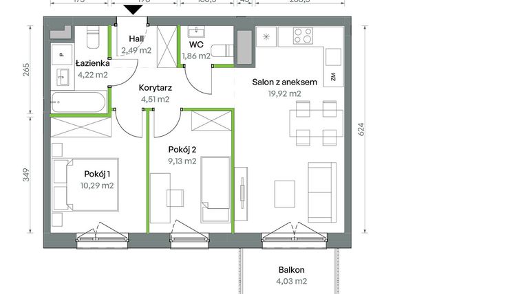 Rzut - Mieszkanie na sprzedaż 3 pokoje o powierzchni 52,42 m² - numer 1/A/2/94 w Oliwska Vita