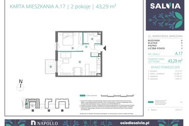 Rzut - Mieszkanie na sprzedaż 2 pokoje o powierzchni 43,29 m² - numer A.17 w Osiedle Salvia
