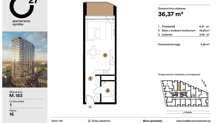Rzut - Mieszkanie na sprzedaż 1 pokój o powierzchni 36,37 m² - numer M.183 w O27 Apartamenty Opolska