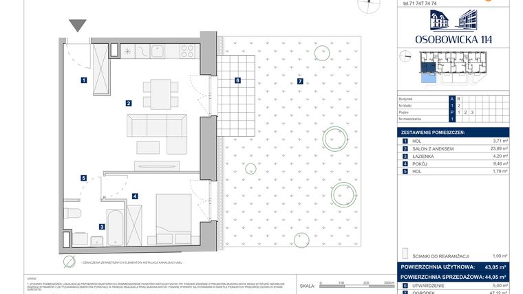 Rzut - Mieszkanie na sprzedaż 2 pokoje o powierzchni 44,05 m² - numer A.1 w Osobowicka 114