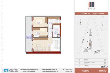 Rzut - Mieszkanie na sprzedaż 3 pokoje o powierzchni 63,31 m² - numer B.M.06 w Łódzka Osiedle
