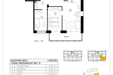 Rzut - Mieszkanie na sprzedaż 3 pokoje o powierzchni 55,72 m² - numer 3B-1.3 w Gardenia Pogodno