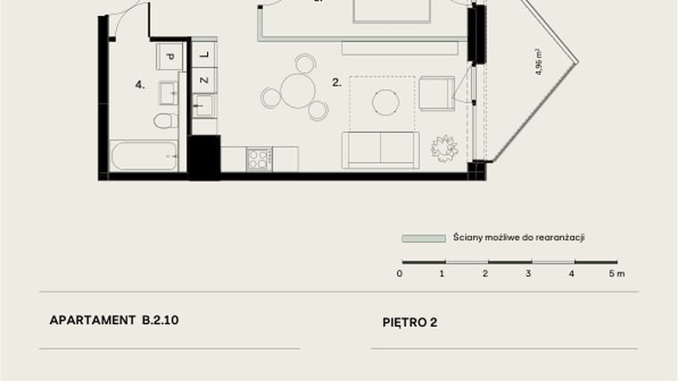 Rzut - Mieszkanie na sprzedaż 2 pokoje o powierzchni 44,7 m² - numer B/2/10 w Ogrodowa 12