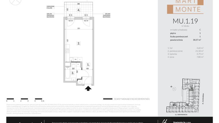 Rzut - Mieszkanie na sprzedaż 1 pokój o powierzchni 30,57 m² - numer MU.1.19 w Marimonte - apartamenty inwestycyjne