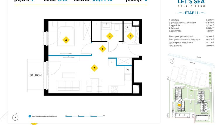 Rzut - Mieszkanie na sprzedaż 2 pokoje o powierzchni 39,94 m² - numer D15 w Let's Sea Baltic Park II