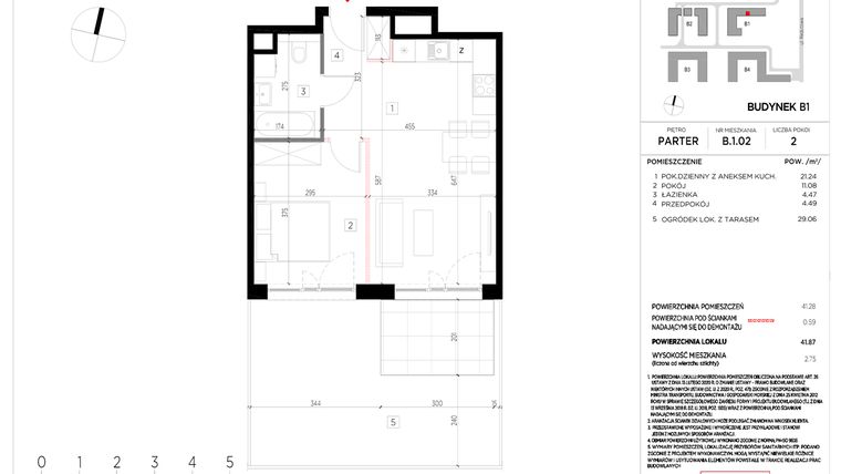 Rzut - Mieszkanie na sprzedaż 2 pokoje o powierzchni 41,87 m² - numer B.1.02 w CityFlow