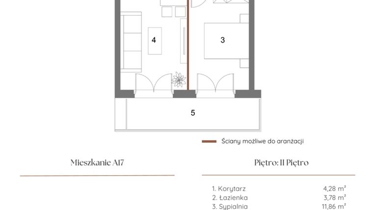 Rzut - Mieszkanie na sprzedaż 2 pokoje o powierzchni 39,96 m² - numer A17 w Dąbrowskiego 9